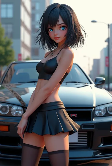 High quality 3D beautiful girl with blue eyes in a skirt with stockings with black gathered hair posing against the background of a Nissan Skyline R34 