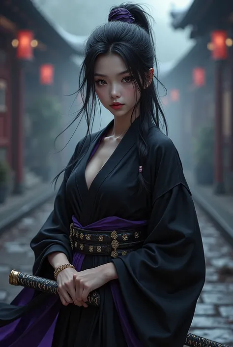 A demon slayer character, predominant colors purple and black, female oni hunter, katana at the waist, black kimono