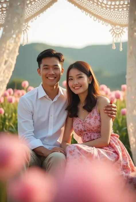 High-quality Realistic of a couple ,a young handsome thai man and a  thai woman, Beautiful girl (((they are facing looking to the camera ))) , Best Quality, 20 years old thai young man and girl. The girl in a pink floral dress sits on a bench under a white...