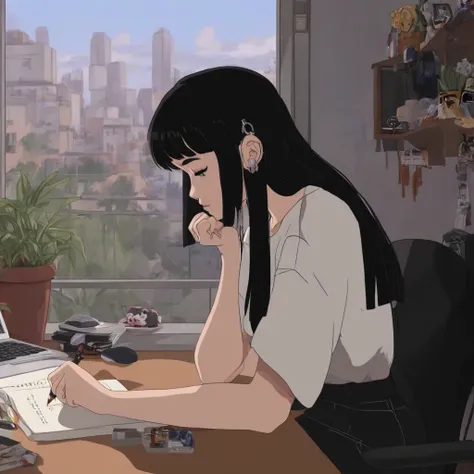 PELofiHipHop,sitting at desk,cartoon, 1girl,pale skin, and long straight jet black hair, long hairstyle with straight bangs, white t-shirt, black miniskirt, lofi