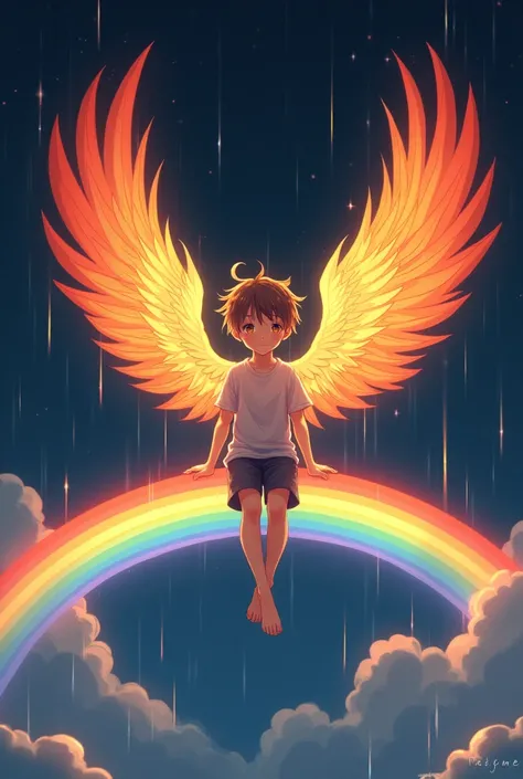 Anime boy with phoenix wings sitting on a rainbow surrounded by rain and stars