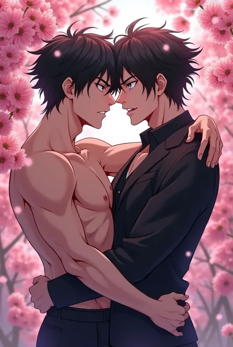 Cherry blossoms,pink flowers, GAY HOUSE, yaoi, passionate, beautiful, masculine man, adult face,two sexy men together,black hair, ultra detailed messy hair, angry guy hurt, angry face, anime, bL