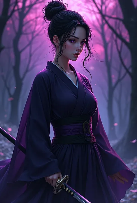 A Demon Slayer character with predominant colors of purple and black. A woman who hunts onis. Katana at her waist. With anime features. Black kimono.