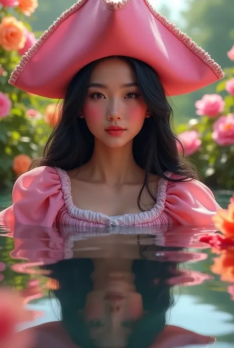 Reflection photo in the water, a reflection of a pretty Asian woman 20yo, long black hair (Lisa lloud) in a pink pirate costume seen in the water. Colorful flowers frame the subject and sunlight create a vibrant, dewy atmosphere that contrasts with the ten...