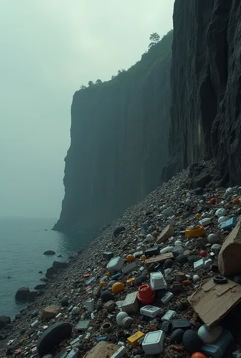 look down a cliff, The bottom of the cliff is made up of piles of useless objects: broken gadgets, mountains of papers, and symbols of unnecessary consumption. A dramatic color scheme: Dark backgrounds and muted tones for trash (grays and browns) 