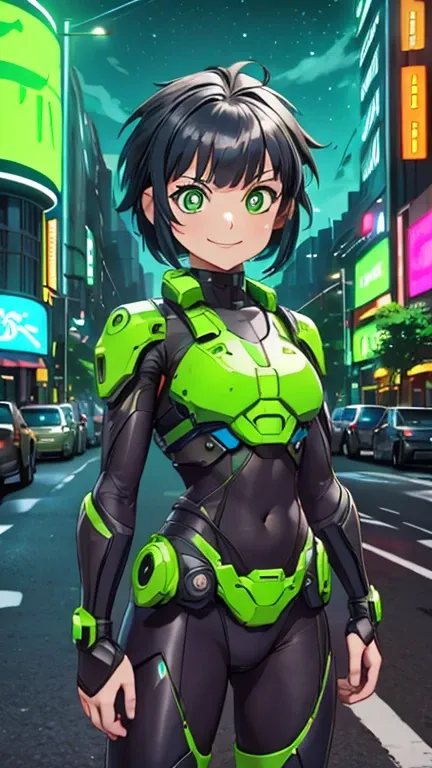 (8k),(masterpiece),(Japanese),(1girl),((ppgzkor)),((armorsuit, green)),From the front, upper body, Cowboy shot, close up, smile,cute,Innocent,Kind eyes, Flat chest, (green eyes, bright pupil, black hair, short hair), city-scene-aso, night,dark, Neon light,...