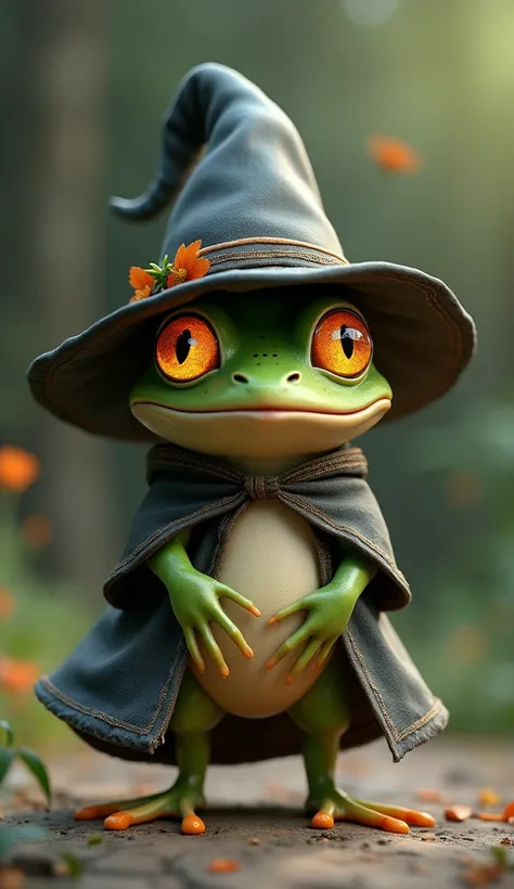 Child frog dressed as a witch、cute、Stand on hind legs、Large pupils、Put light in your eyes、 SD character 3-body