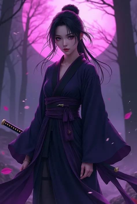 A Demon Slayer character with predominant colors of purple and black. A woman who hunts onis. Katana at her waist. With anime features. Black kimono.