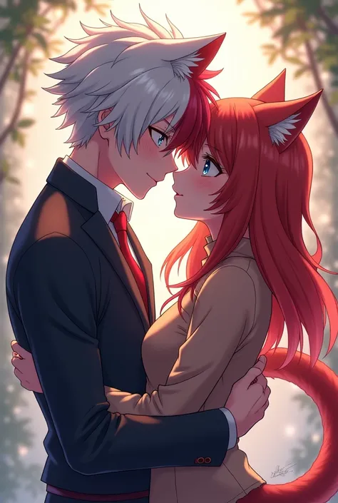 Create Shoto Todoroki from the Boku no hero academia anime with cat ears and a cat tail. Kissing Shinso, character from Boku no hero academia 
