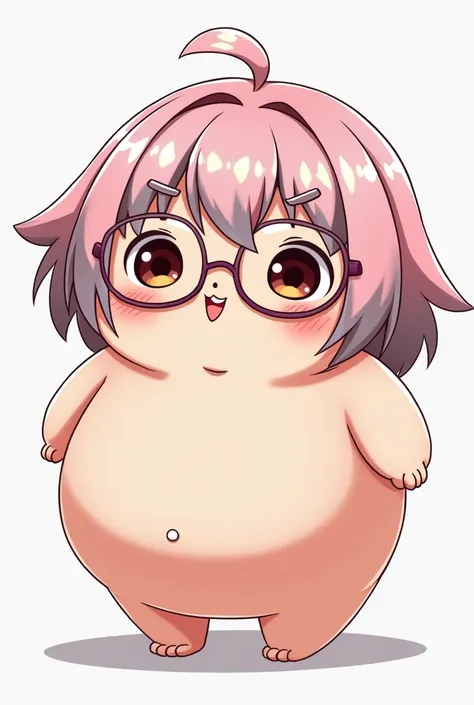 create a my hero academia character,chubby but curvy,fringe,glasses and mild acne ,light skin,thin eyebrows,pink hair color with silver,small but plump lips,nose with a slight hue 