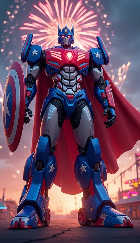 imagine A Transformer character named “July Prime” standing in a festive, fireworks-lit night sky. His body is a blend of sleek metal and vibrant red, white, and blue elements, with intricate patterns of stars and stripes etched into his armor. He has glow...