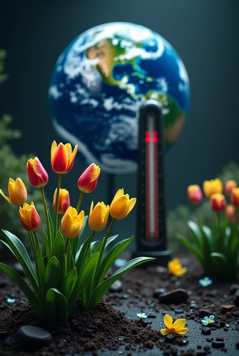 Make a picture of the battered spring flowers that need more water and a picture of the planet with a thermometer 
 
