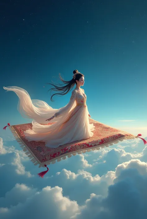 01 Beautiful Chinese princess flying on a flying carpet, across the sky at night, high quality image, best resolution