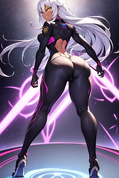 1girl, full body, ((full_body)), ass, from behind, ass focus, dark skin, long sleeves, sleeves, mature female, hourglass figure, dark-skined female, white hair, long hair, shoes, bodysuit, white bodysuit, yellow eyes, neon trim, neon lights, machinery, fut...