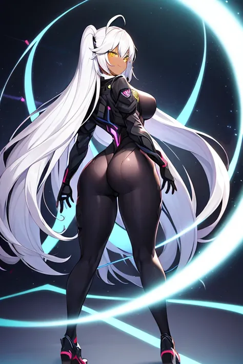 1girl, full body, ((full_body)), ass, from behind, ass focus, dark skin, long sleeves, sleeves, mature female, hourglass figure, dark-skined female, white hair, long hair, shoes, bodysuit, white bodysuit, yellow eyes, neon trim, neon lights, machinery, fut...