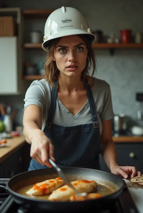 A woman wearing a helmet is frying fish in the kitchen, her expression is scared. 