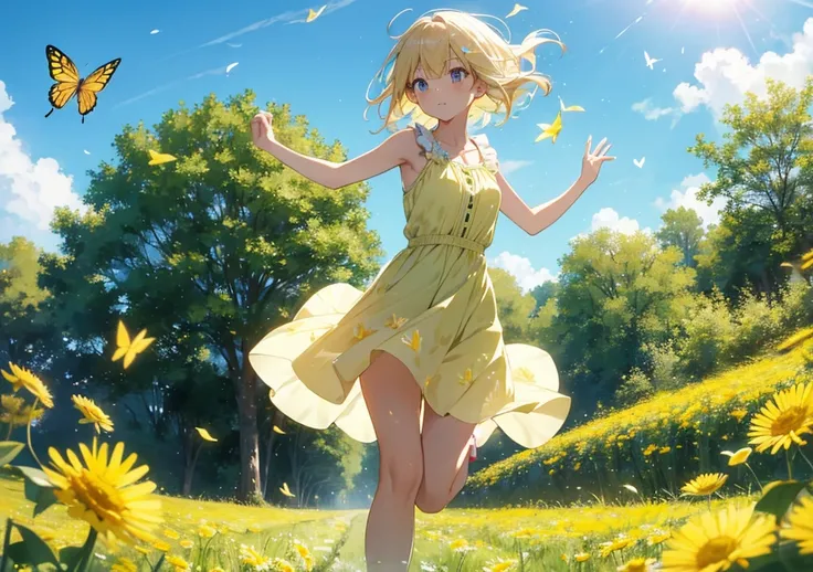 A bright and energetic girl with short, fluffy blonde hair, wearing a pastel yellow sundress that sways with the breeze. Her slender legs are shown as she runs joyfully through a field of dandelions, the soft sunlight reflecting off her skin, surrounded by...