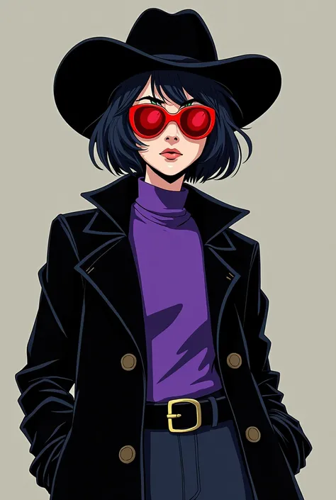 A girl with short hair. She has red glasses that covers her eyes entirely, a black cowboy hat, a black trench coat and a purple shirt. Her skin is white.  Make her in X-Men 97 style.