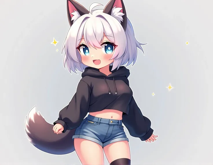 (zPDXL2), (PonyXLV6_Scores), source_anime, Expressiveh, solo, wide smile, tomgirl, cute face, adult, (white hair, short hairstyle), showing belly, small perky boobs, (shy, cute face expression, has glowing blue eyes), (wolf ears, wolf tail), calm pose, (we...