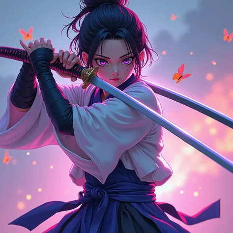 A young samurai wielding a katana, period costume with neon effect lines giving a sci-fi look, full body. painting, fantasy, japan, anime, in the style of realistic hyper-detailed rendering, lilac, white and neon, butterflies, glowing neon effect on sword,...