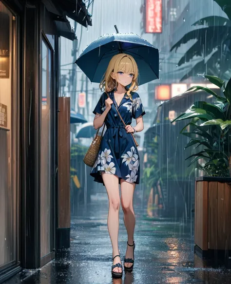 (8k, super high quality, masterpiece), (detailed), One Woman, Small breasts, blonde, Navy Blue Dress, Floral, Hawaiian Dress, Sandals, whole body, rain, Don&#39;t use an umbrella, 