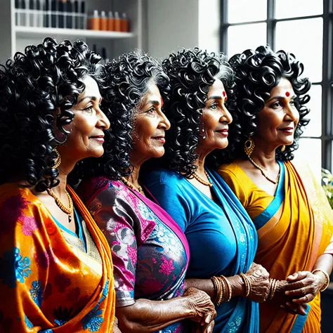 Three voluptuous indian 80 years old ladies, their hair adorned with intricate black 3c curly absorbed with a thick, viscous oil, stood in a bright office. Their traditional attire, a vibrant tapestry of colors and textures, complemented the glistening oil...