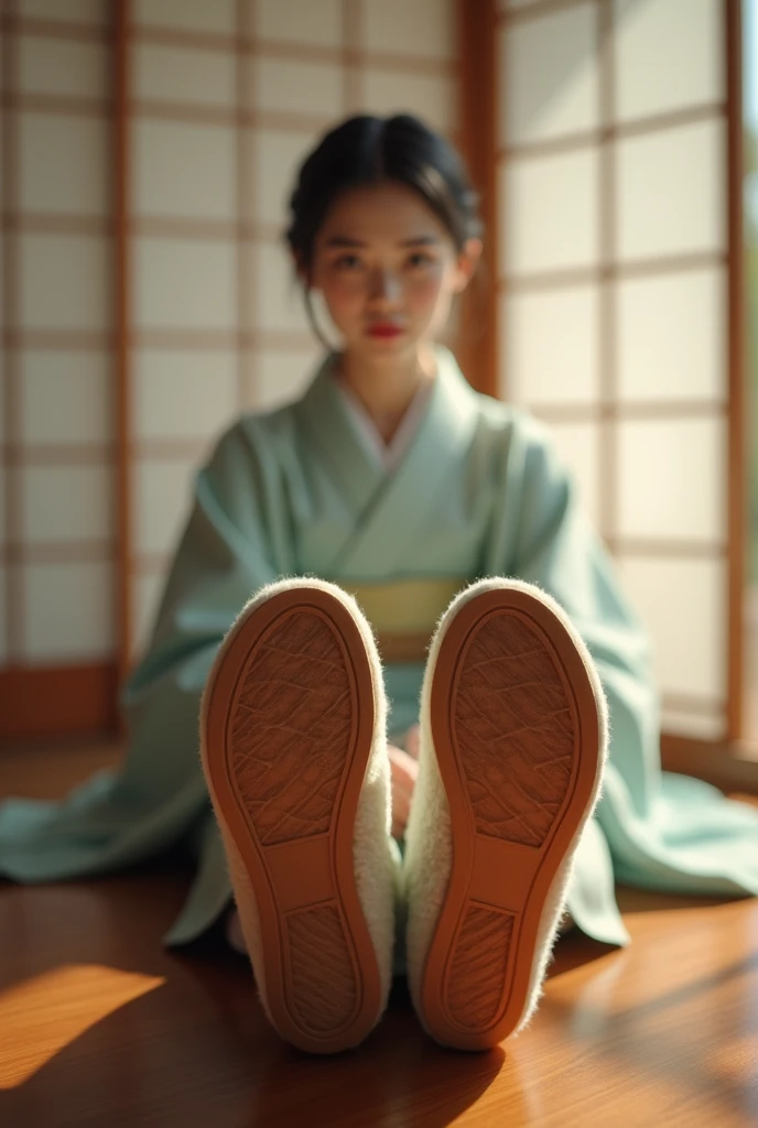 Japanese woman sitting at a table wearing moccasins revealing the soles of her feet 