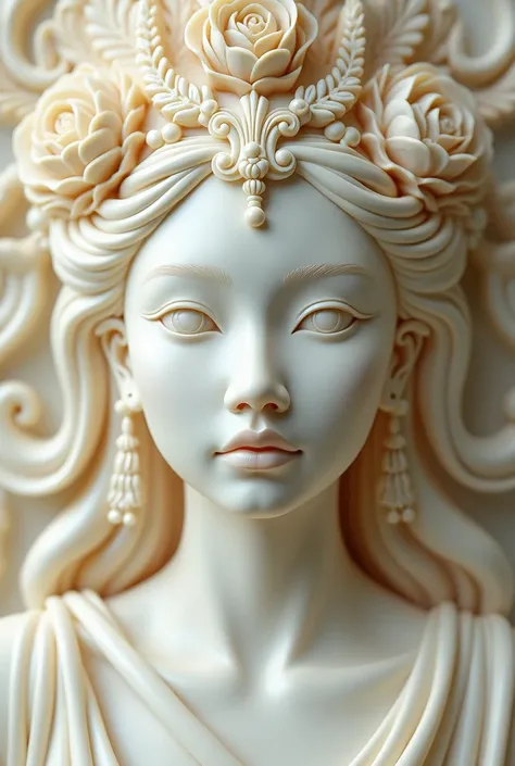 full body, cabeza sin cortar a close up of a bust of a woman wearing a headdress, carved ivory, ivory carving, elegant lady with alabaster skin, porcelain pale skin, intricate beautiful faces, intricate sculpture, pale porcelain white skin, too detailed sc...