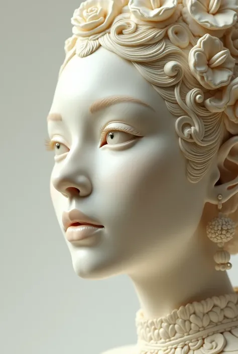 full body, cabeza sin cortar a close up of a bust of a woman wearing a headdress, carved ivory, ivory carving, elegant lady with alabaster skin, porcelain pale skin, intricate beautiful faces, intricate sculpture, pale porcelain white skin, too detailed sc...