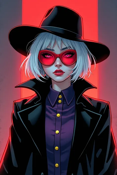 A girl with white short hair. She has red glasses that covers her eyes entirely, a black cowboy hat, a black trench coat, and a dark purple shirt with golden buttons. Her skin is pale white.  Make her in Marvel Comic style.