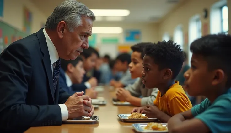 Inside the bustling cafeteria, a stern middle-aged man with light skin, gray hair, and a formal suit (the school director) stands over a 1 boy. The boy, with brown skin and short black hair, looks small and vulnerable, staring at the ground while nervously...