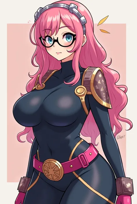 create a my hero academia character , a bit fat but with curves,fringe,glasses and mild acne ,light skin,thin eyebrows,pink hair color with silver,cute face ,Roman nose,with distinctive black body-hugging suit with details of a ninja suit