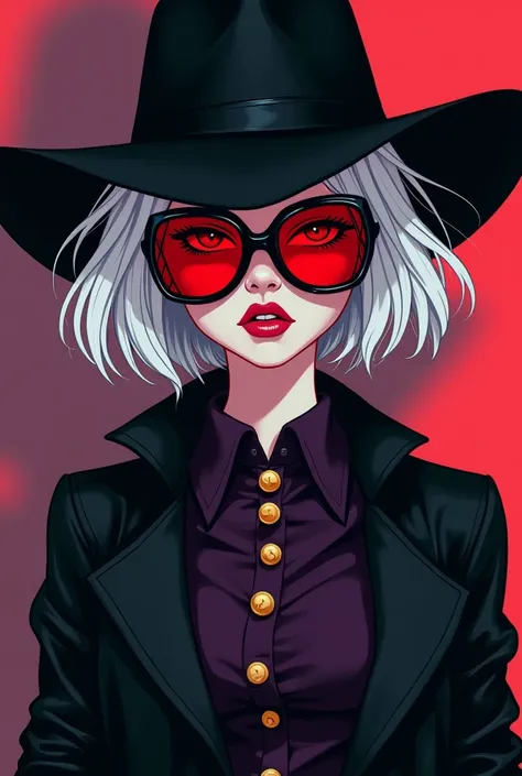 A girl with white short hair. She has red glasses that covers her eyes entirely, a black cowboy hat, a black trench coat, and a dark purple shirt with golden buttons. Her skin is pale white. Her eyes cant be seen because of the reflection from the red glas...