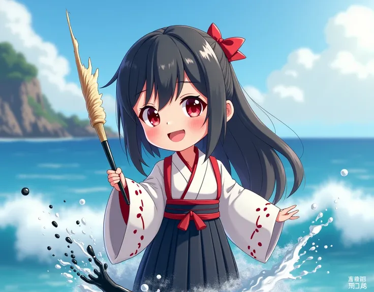 3D mascot chibi doll。Concept Art。A beautiful girl wearing a white kimono with black hakama and a red sash tied around her shoulders like a harness to tuck up her sleeves.。Long, straight black hair with a hime cut and a red hair ribbon。Holding a large, thic...