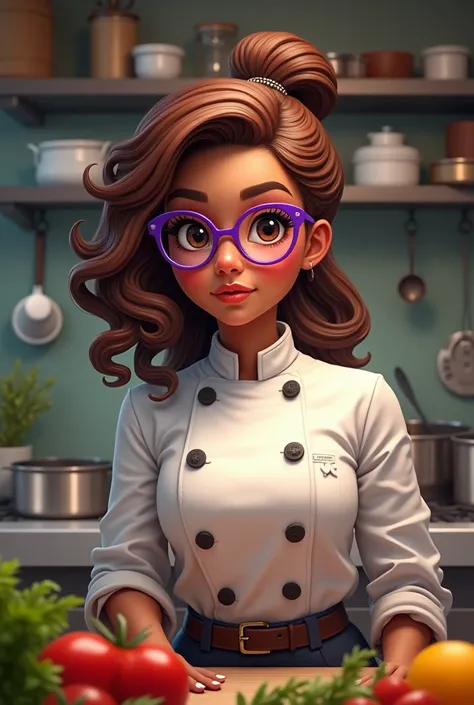  girl , wavy hair laego,  brown skin, thick lips , rounded naeis , purple glasses , dressed as a chef 