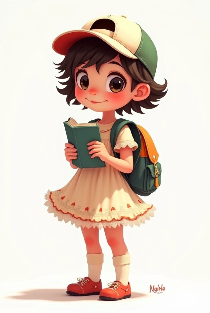 animated boy in girl clothes and cap holding a book and carrying a backpack