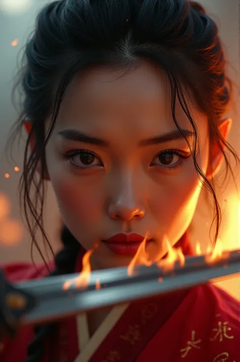 Hyper-maximalist digital matte painting. Close-up shot. Mulans face, partially covered by a shiny sword blade, holding it. Battlefield and fire reflected on the blade. Mulan with earthy skin tones, a fierce gaze, tangled hair, and traditional red armor,_PU...