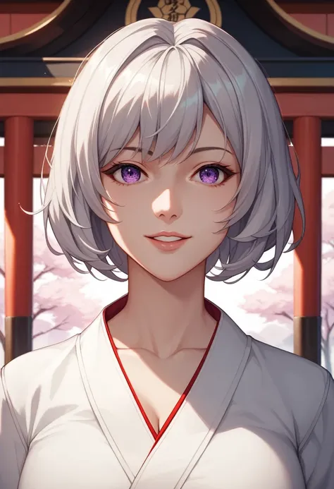 extremely detailed CG unity 8k wallpaper, masterpiece, best quality:1.2, highres, silver white hair, purple eyes, extreme detail,solo,1girl, slited eyes, horizontal eyes, bob hair, short hair, casual outfit, neutral pose, mature female, milf, happy face ex...