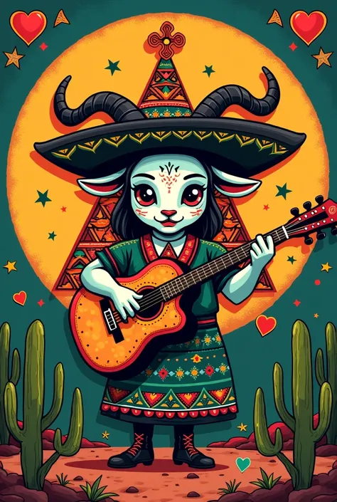 Draw a black baphomet, cute, mariachi dress, playing a guitar, with Mexican background, colors green white and red, and Masonic square and compass add goat horns to his head, confident eyes and evil smile 