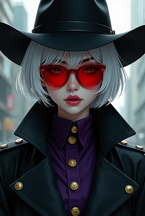 A girl with white short hair. She has red glasses that covers her eyes entirely, a black cowboy hat, a black trench coat, and a dark purple shirt with golden buttons. Her skin is pale white. Her eyes are not seen. Make her in Marvel Comic style.