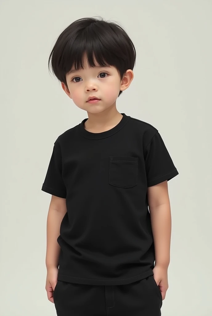 a male child with straight hair wearing a black shirt and black shorts