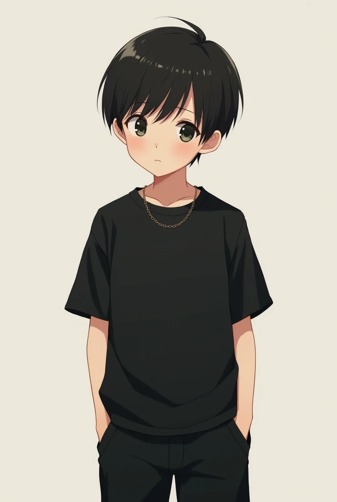 a male child with straight hair wearing a black shirt and black shorts