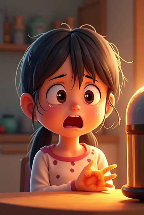 Animation of a girl using an air fryer and burns herself, she cries a lot with tears and her hand is burned, highlighting that it is forbidden to make her cry and placing an x that says it is forbidden to place the air fryer