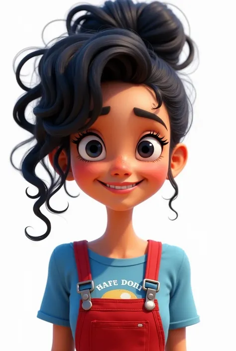 Create a Pixar Disney style cartoon of a woman with light tan skin, thin lips and smiling, Black slanted eyes with eyeliner highlighting her look, black curly hair updo. He is wearing a blue France shirt and a red overall with blue details.. The background...