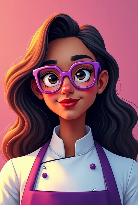 , brown skin , long wavy hair, thick lips , rounded nose, purple glasses, dressed as a chef 