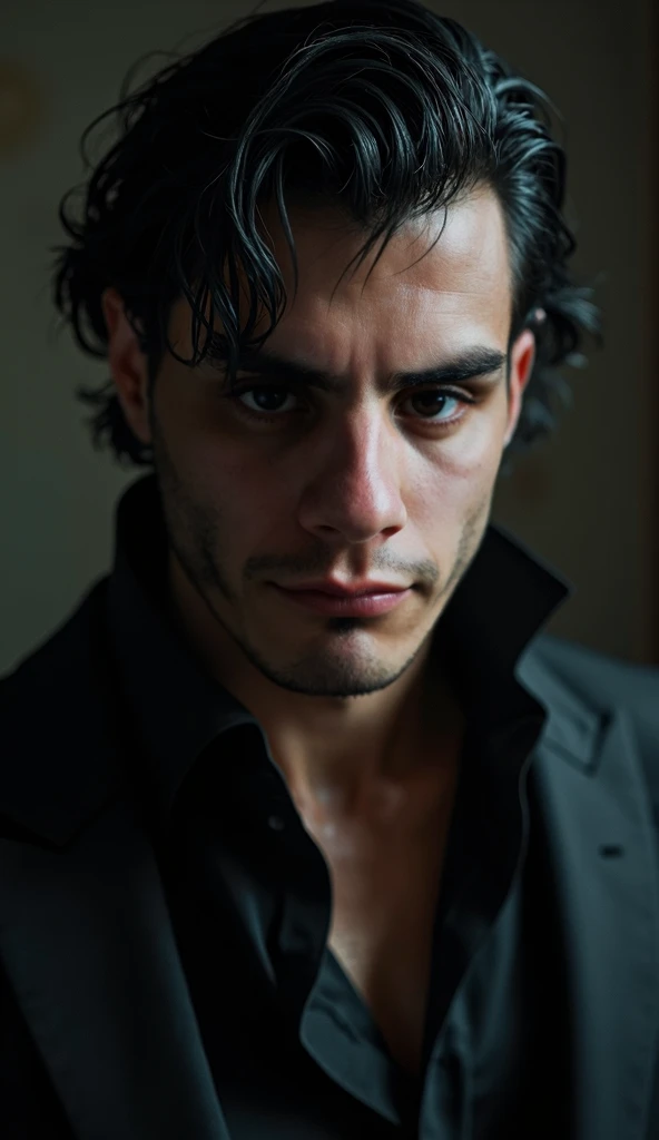 a man with black hair,gray eyes,wearing black clothes with acessory, extremely detailed face and features, high quality, hyperrealistic, cinematic lighting, octane render, chiaroscuro lighting, dramatic, moody