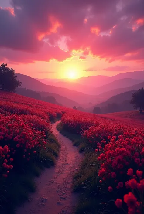 The last violet sunset with a path full of red flowers