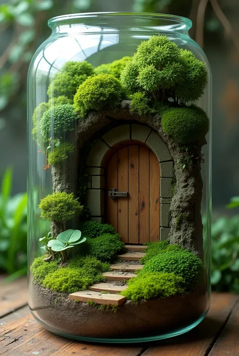  Cylindrical terrarium tank with small wooden door inside and moss wall