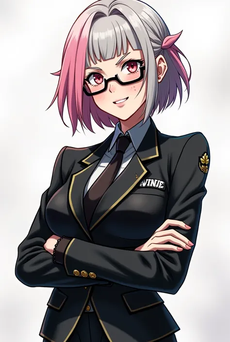 create a my hero academia character,half fat but with curves,fringe,glasses and mild acne ,light skin,thin eyebrows,pink hair color with silver, black distinctive suit,with details like those of a ninja,somewhat large nose with slight hueto 