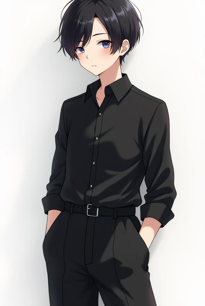 a teenage male anime with straight hair wearing a black shirt and black shorts